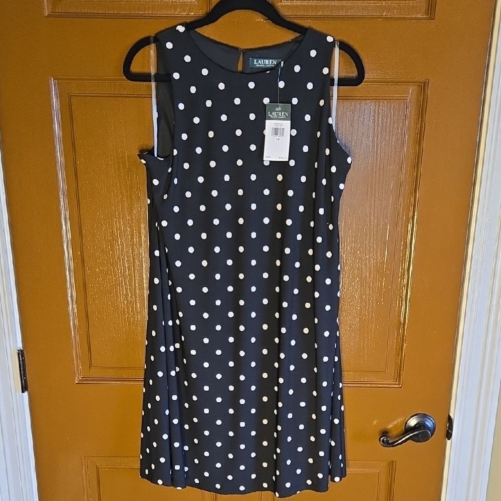 Ralph Lauren-Blk/white polka dot sleeveless swing dress Sz 14 NWT.